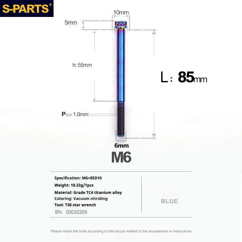 S-PARTS A3 M6 Titanium Bolts — 8–120mm — Blue — L85mm