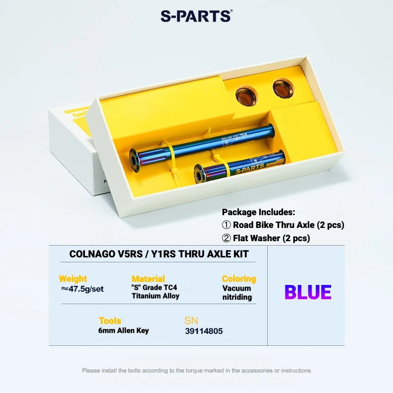 S-PARTS Titanium Thru Axle Kit for Colnago Road Bikes — TC4 Lightweight CNC Wheel — Colnago V5RS / Y1RS Thru Axle Kit / Blue