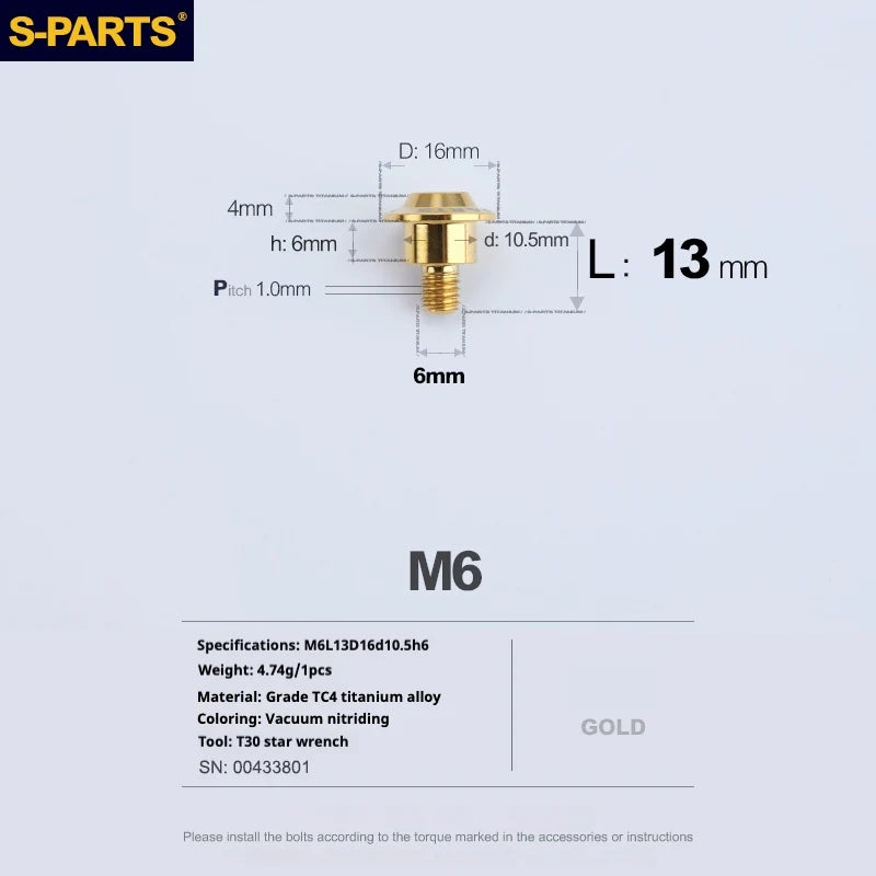 S-PARTS A3 M6 Umbrella Head Step Bolts — Gold — 36 Specifications — L13 D16 step screws D10.5 H6