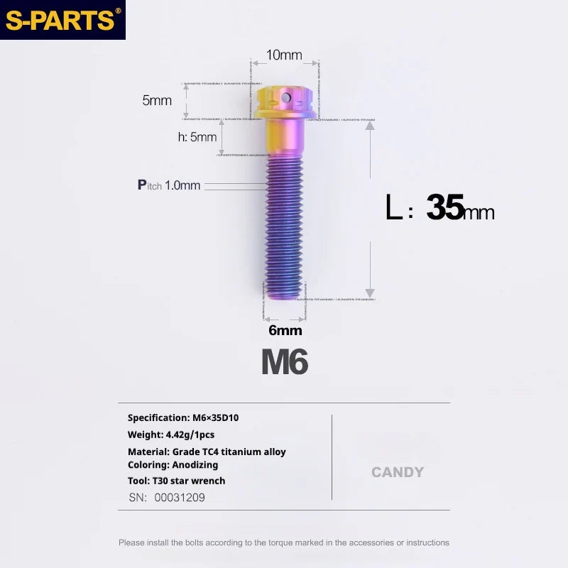 S-PARTS A3 M6 Titanium Bolts — 8–120mm — Candy — L35mm