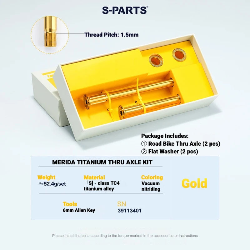 S-PARTS Titanium Thru Axle Kit for Merida Road Bikes — TC4 Lightweight CNC Wheel Axle — Merida Titanium Thru Axle Kit / Gold