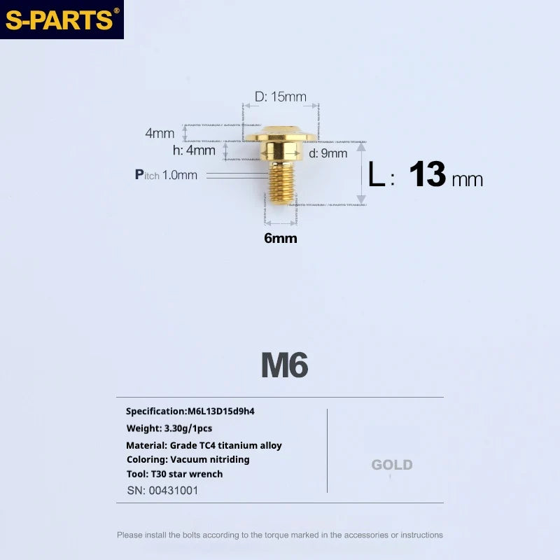 S-PARTS A3 M6 Umbrella Head Step Bolts — Gold — 36 Specifications — L13 D15 step screws D9 H4