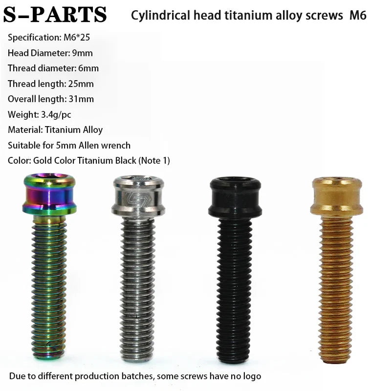 S-PARTS M6 Cylindrical Head Titanium Bolts — 10–25mm