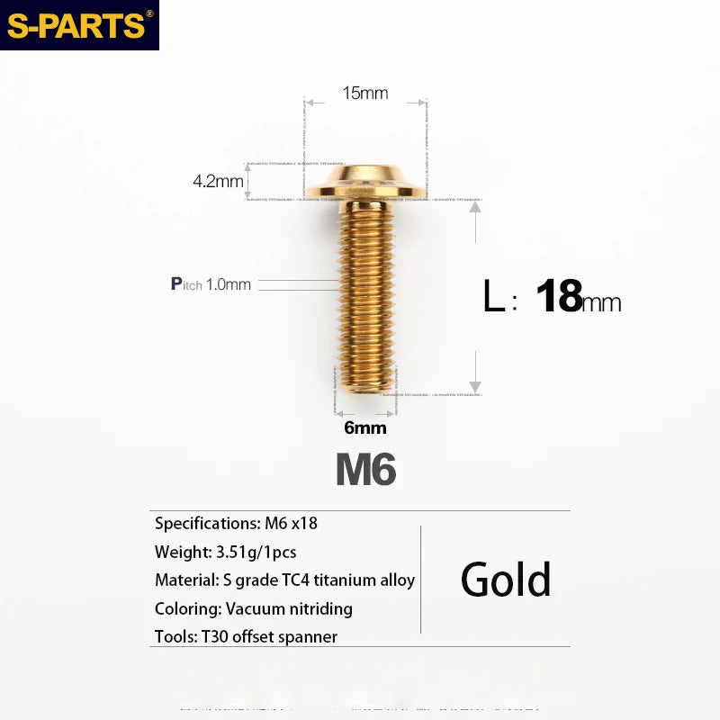 S-PARTS A3 D15 M6 Umbrella Head Titanium Bolts — 8–40mm — M6×18mm / Gold