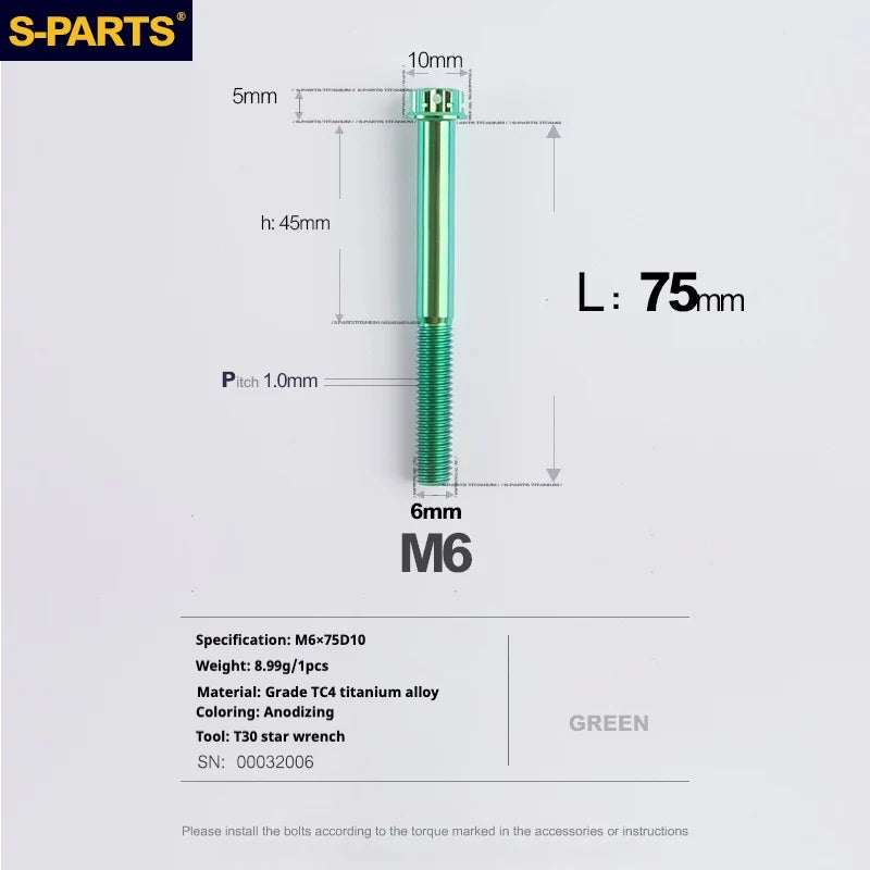 S-PARTS A3 M6 Titanium Bolts — 8–120mm — Green — L75mm