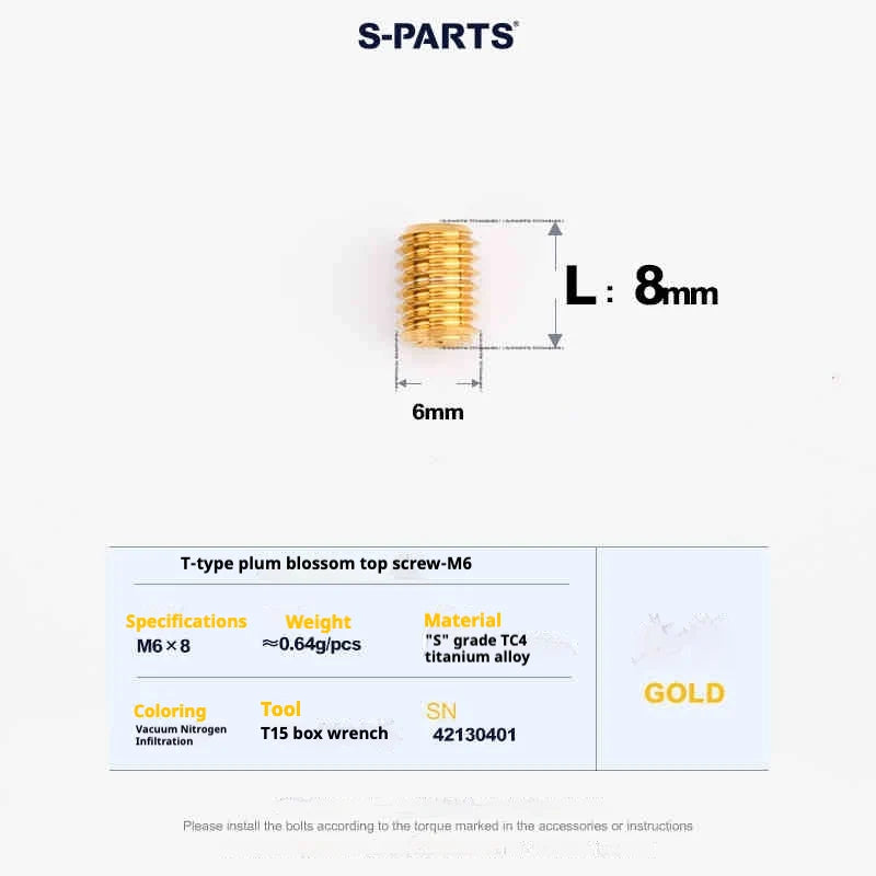 S-PARTS T15 M6 Flat-Bottom Titanium Set Screws — L8/L10/L12/L16 — L08mm / Gold