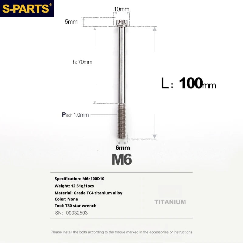 S-PARTS A3 M6 Titanium Bolts — 8–120mm — Titanium Finish — L100mm
