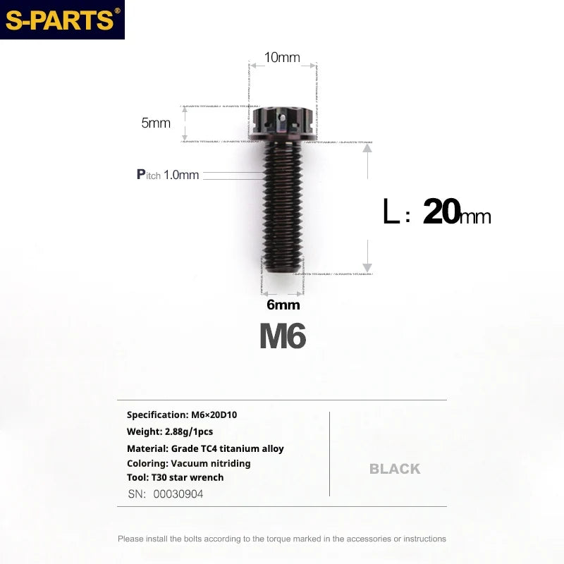 S-PARTS A3 M6 Titanium Bolts — 8–120mm — Black — L20mm