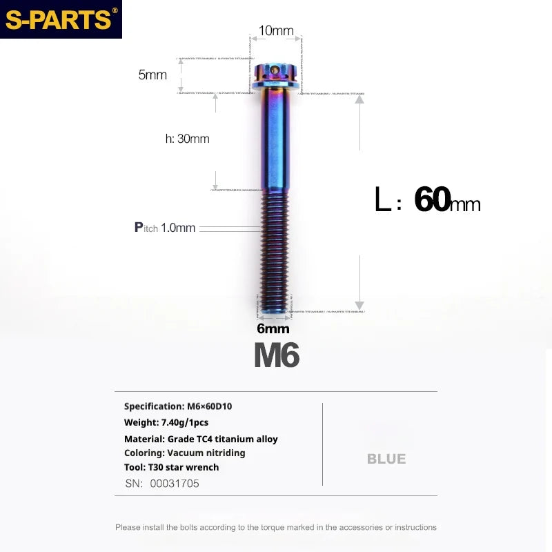 S-PARTS A3 M6 Titanium Bolts — 8–120mm — Blue — L60mm
