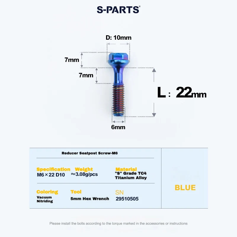 S-PARTS M6 Titanium Seatpost Step-Down Bolt & Nut Kit — 22 / 30 / 35 / 40mm — Blue / 22mm