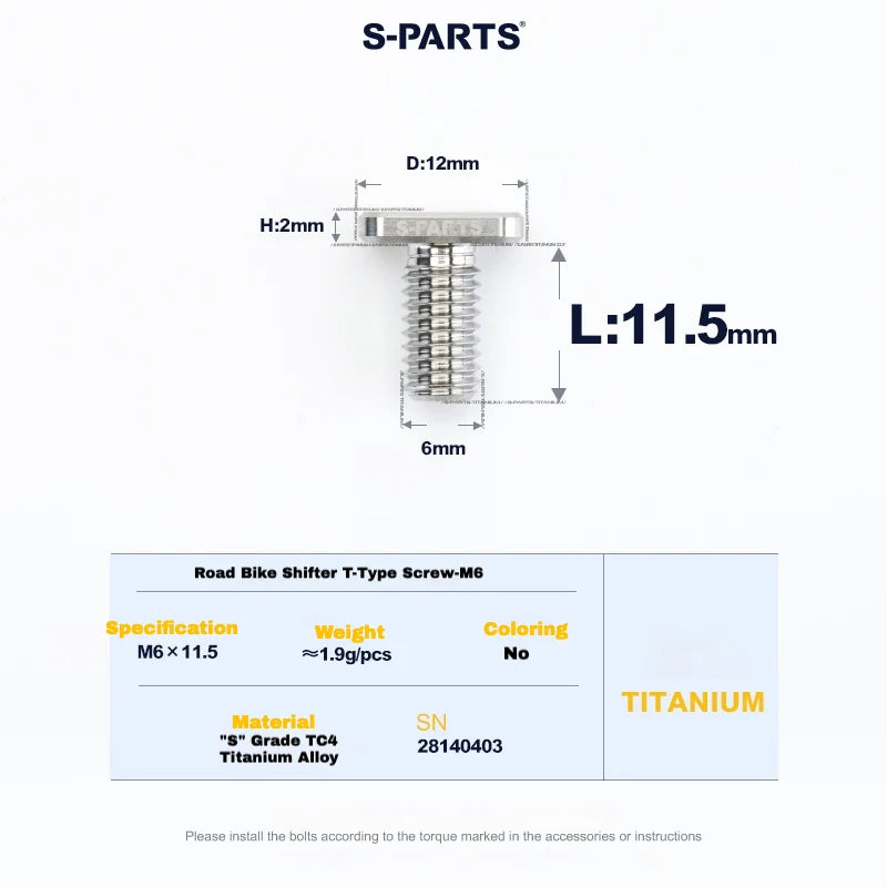 S-PARTS M6 Titanium Road Shifter Clamp Bolt & Nut — Shimano / SRAM — Bolt (M6x11.5mm)