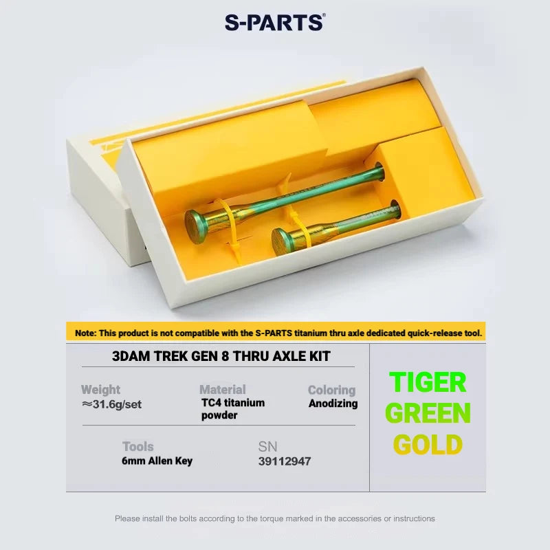 S-PARTS 3DAM Titanium Thru Axle Kit for Trek Madone Gen 8 & Émonda — Ultra-Light TC4 3D Printed Axle — TIGER Green Gold