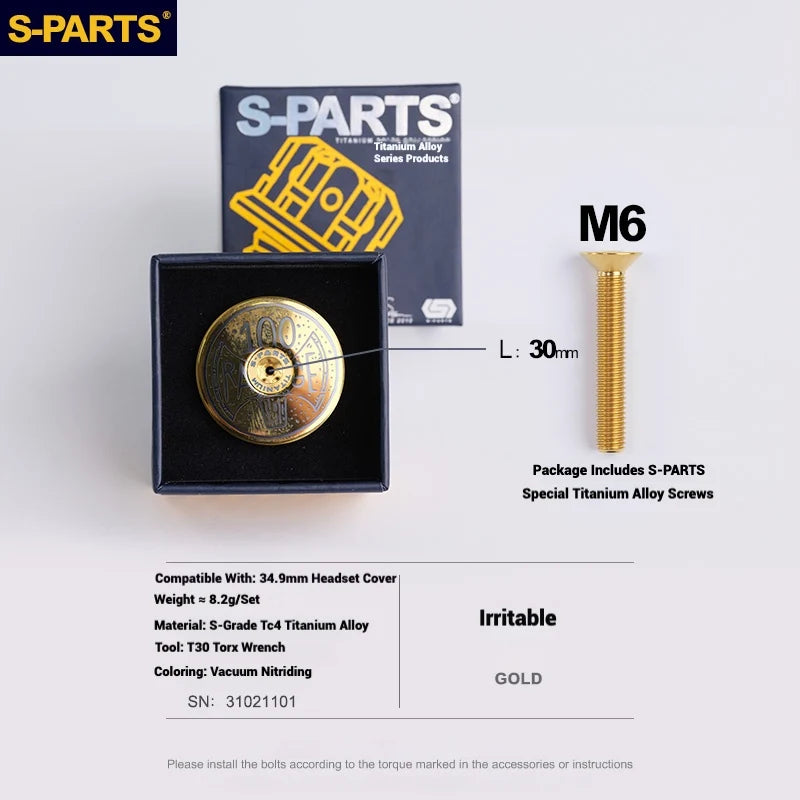 S-PARTS Titanium OD2 34.9 mm Laser Headset Cap — CNC Machined — Multiple Designs Available — Irritable (Set) Gold