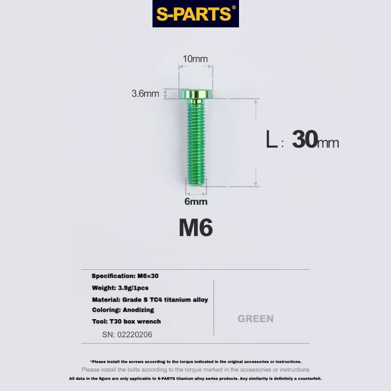 S-PARTS M6 Titanium Seatpost Wedge Bolt — Specialized SL6 / SL7 / SL8 / SL9 / Venge — Green / M6X30