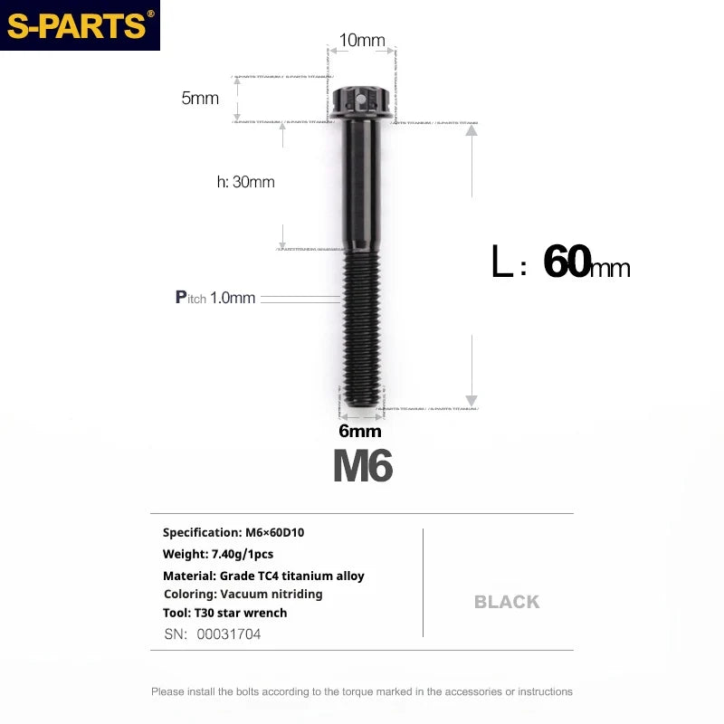 S-PARTS A3 M6 Titanium Bolts — 8–120mm — Black — L60mm