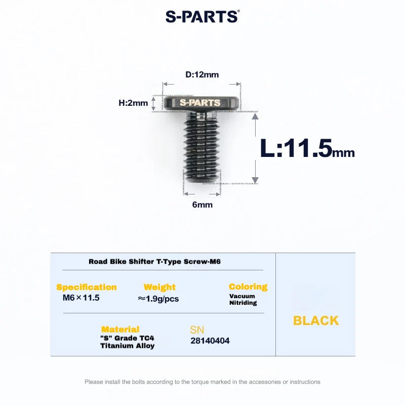S-PARTS M6 Titanium Road Shifter Clamp Bolt & Nut — Shimano / SRAM — Bolt (M6x11.5mm) / Black