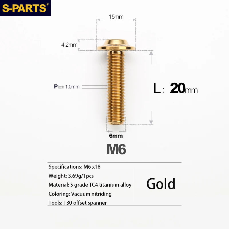 S-PARTS A3 D15 M6 Umbrella Head Titanium Bolts — 8–40mm — M6×20mm / Gold