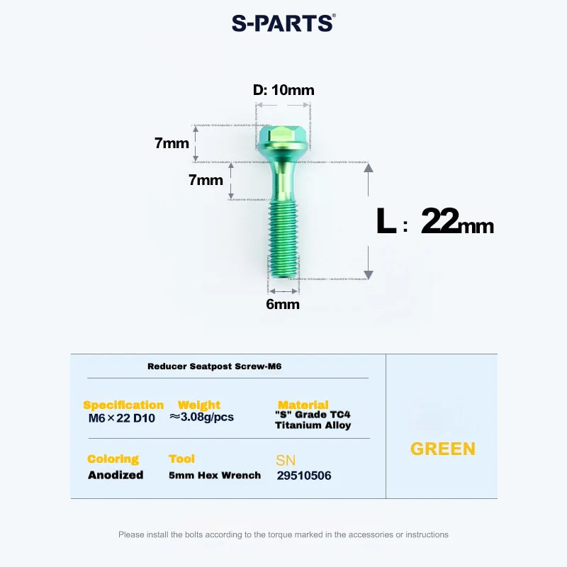 S-PARTS M6 Titanium Seatpost Step-Down Bolt & Nut Kit — 22 / 30 / 35 / 40mm — Green / 22mm