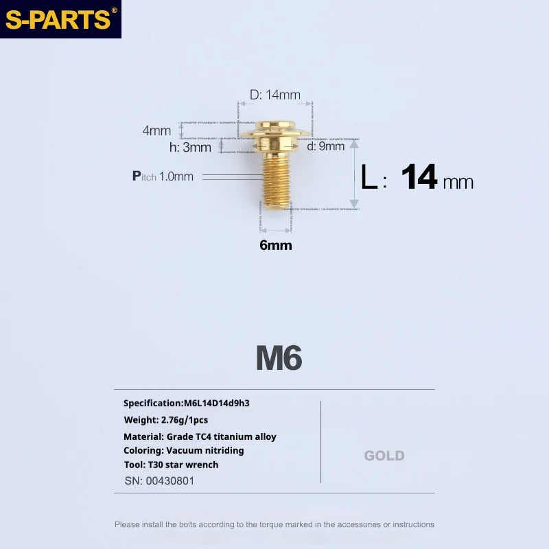 S-PARTS A3 M6 Umbrella Head Step Bolts — Gold — 36 Specifications — L14 D14 step screws D9 H3