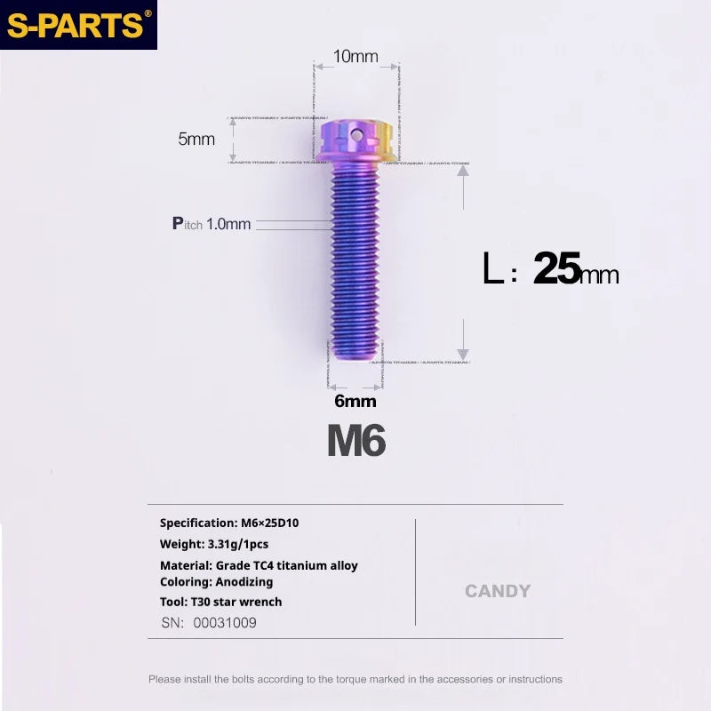 S-PARTS A3 M6 Titanium Bolts — 8–120mm — Candy — L25mm