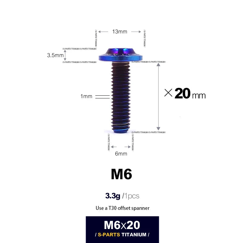 S-PARTS A3 D13 M6 Umbrella Head Titanium Bolts — 8–45mm — D13 M6×20mm / Blue