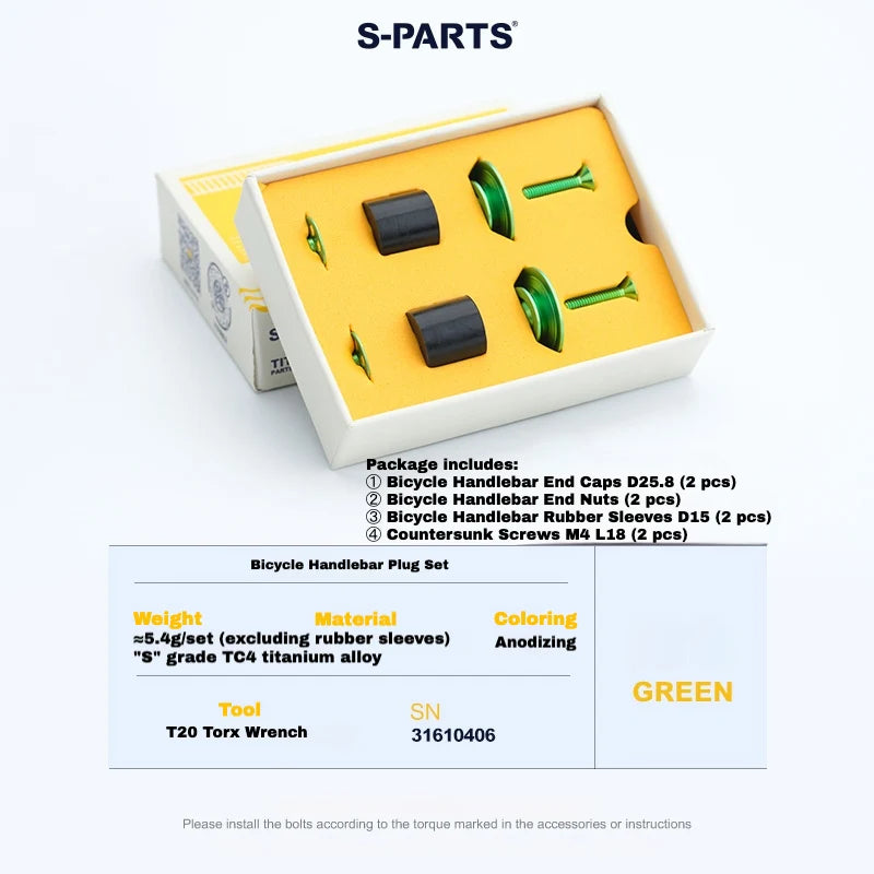 S-PARTS Titanium Expanding Bar End Plug Set — Titanium Bar End Plug Set – Green