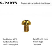 S-PARTS A2 M6 Umbrella Head Titanium Bolts — 8–35mm — Headset & Clamp — M6×8mm / Gold