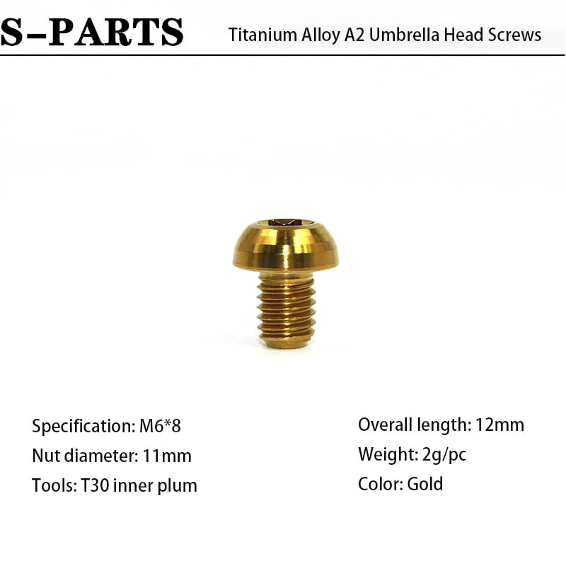 S-PARTS A2 M6 Umbrella Head Titanium Bolts — 8–35mm — Headset & Clamp — M6×8mm / Gold