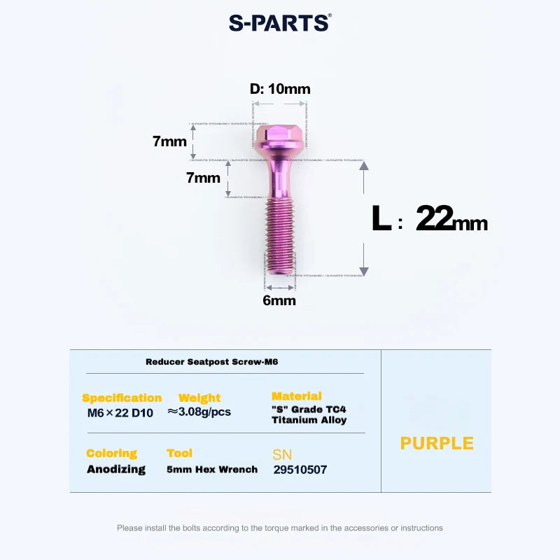S-PARTS M6 Titanium Seatpost Step-Down Bolt & Nut Kit — 22 / 30 / 35 / 40mm — Purple / 22mm