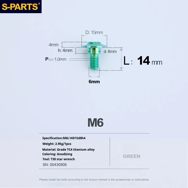 S-PARTS A3 M6 Umbrella Head Step Bolts — Green — 36 Specifications — L14 D15 step screws D8 H4