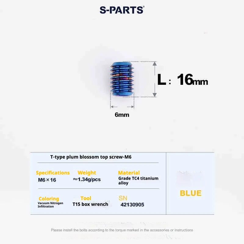 S-PARTS T15 M6 Flat-Bottom Titanium Set Screws — L8/L10/L12/L16 — L16mm / Blue