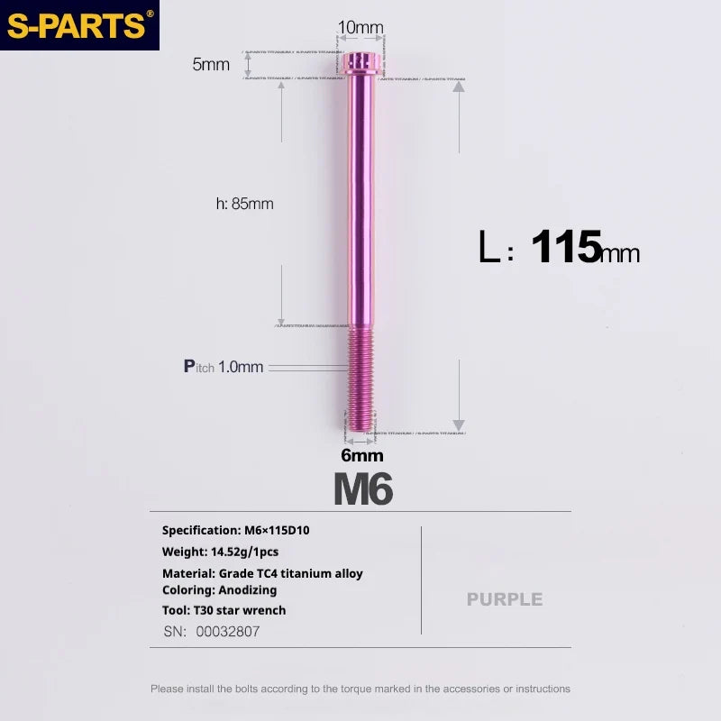 S-PARTS A3 M6 Titanium Bolts — 8–120mm — Purple — L115mm