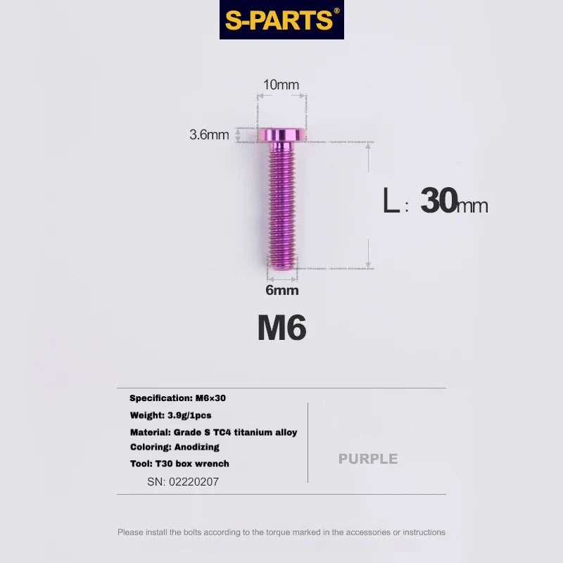 S-PARTS M6 Titanium Seatpost Wedge Bolt — Specialized SL6 / SL7 / SL8 / SL9 / Venge — Purple / M6X30