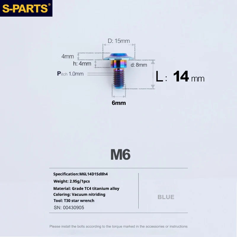 S-PARTS A3 M6 Umbrella Head Step Bolts — Blue — 36 Specifications — L14 D15 step screws D8 H4