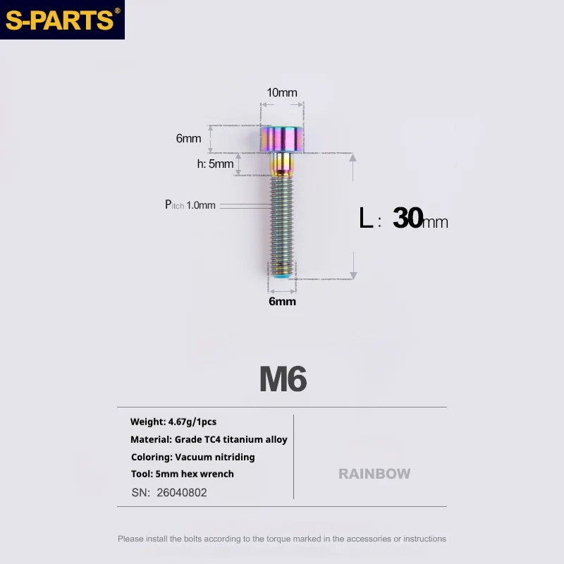 S-PARTS M6 Titanium Stem & Caliper Bolts — 30–70mm — 5mm Hex — L30mm / Rainbow