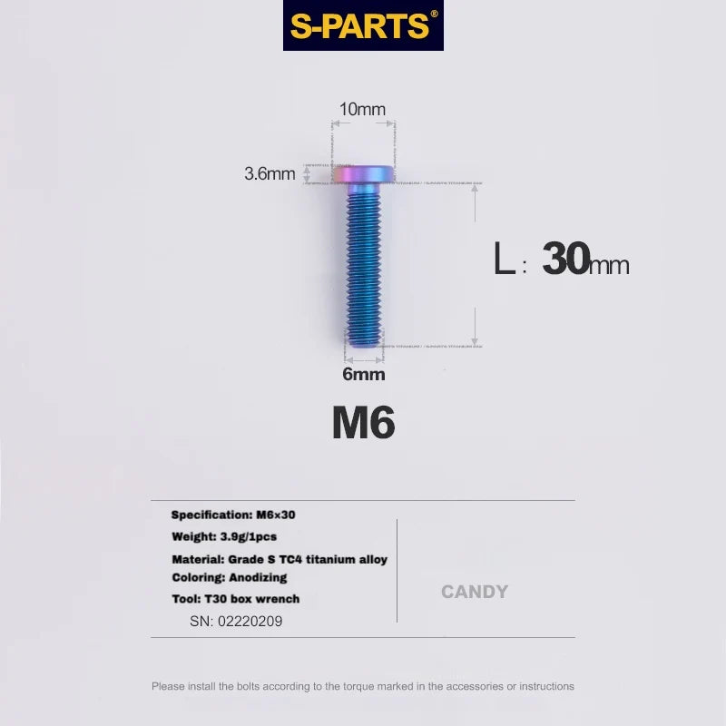 S-PARTS M6 Titanium Seatpost Wedge Bolt — Specialized SL6 / SL7 / SL8 / SL9 / Venge — Candy / M6X30