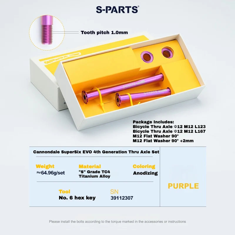 S-PARTS Titanium Thru Axle Kit for Cannondale SuperSix EVO (Front+Rear, Tool-Free — SuperSix EVO Ti Axle Set – Purple