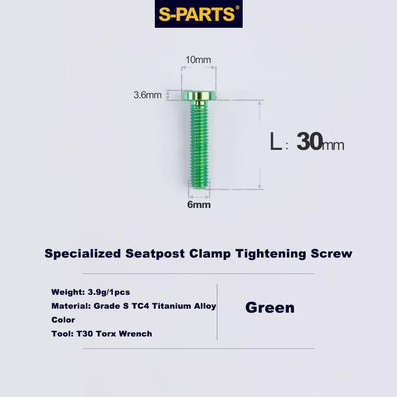 S-PARTS TC4 Titanium Seatpost Clamp Bolt — Specialized SL6 / SL7 / SL8 / SL9 / Venge — Seat Clamp Locking Screws / Green