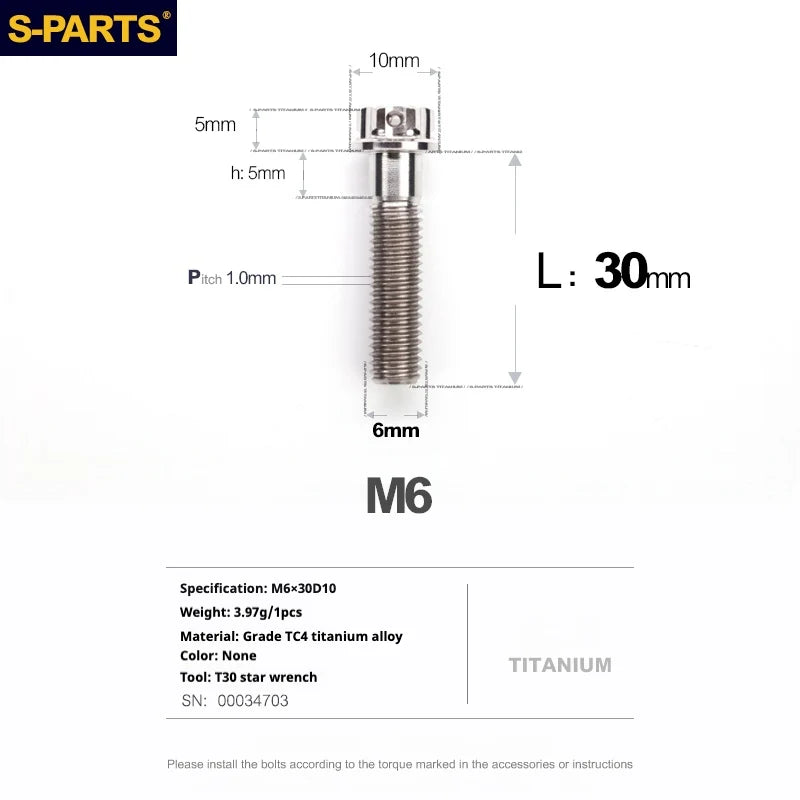 S-PARTS A3 M6 Titanium Bolts — 8–120mm — Titanium Finish — L30mm semi-threaded 25mm