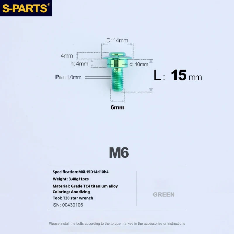 S-PARTS A3 M6 Umbrella Head Step Bolts — Green — 36 Specifications — L15 D14 step screws D10 H4