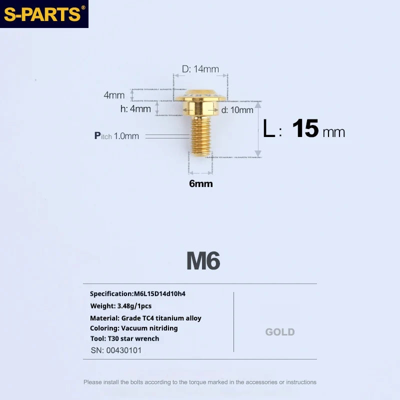 S-PARTS A3 M6 Umbrella Head Step Bolts — Gold — 36 Specifications — L15 D14 step screws D10 H4