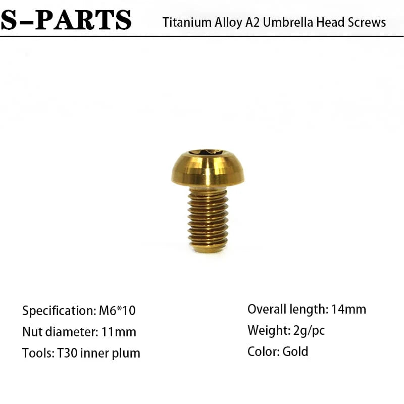 S-PARTS A2 M6 Umbrella Head Titanium Bolts — 8–35mm — Headset & Clamp — M6×10mm / Gold