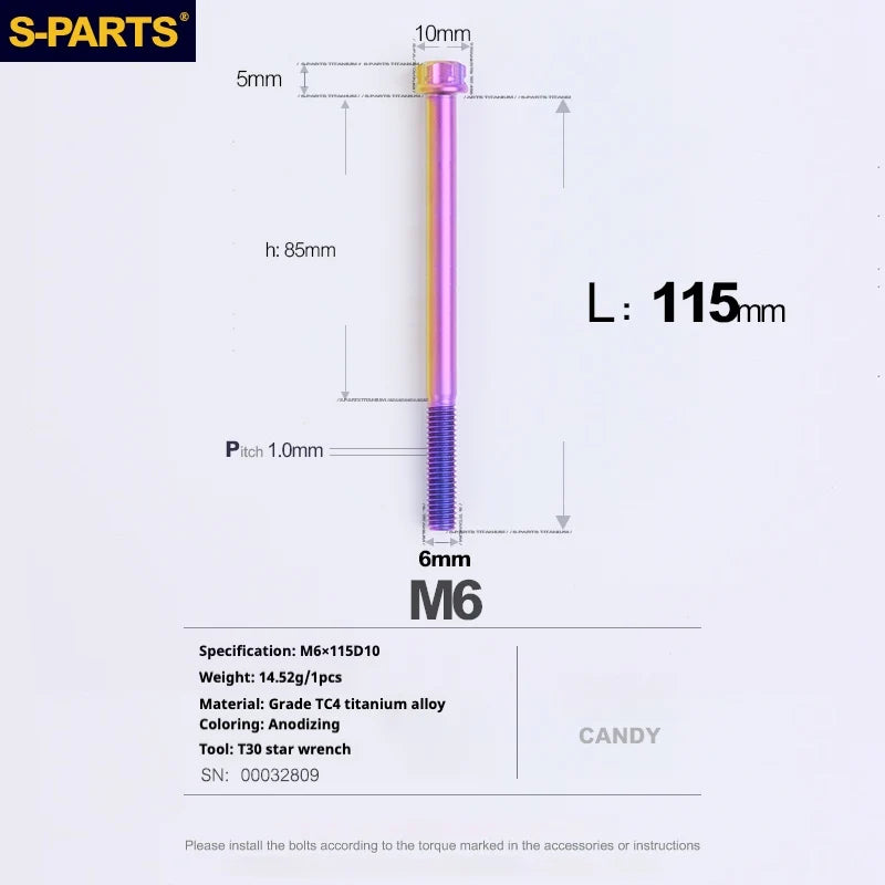 S-PARTS A3 M6 Titanium Bolts — 8–120mm — Candy — L115mm