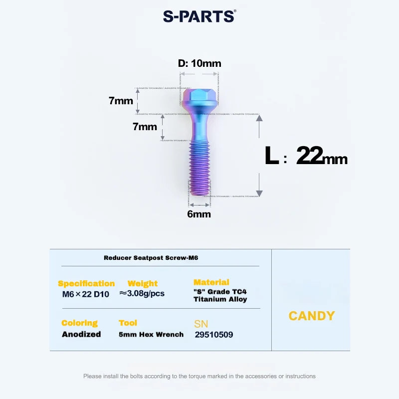 S-PARTS M6 Titanium Seatpost Step-Down Bolt & Nut Kit — 22 / 30 / 35 / 40mm — Candy / 22mm