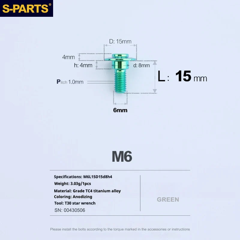 S-PARTS A3 M6 Umbrella Head Step Bolts — Green — 36 Specifications — L15 D15 step screws D8 H4