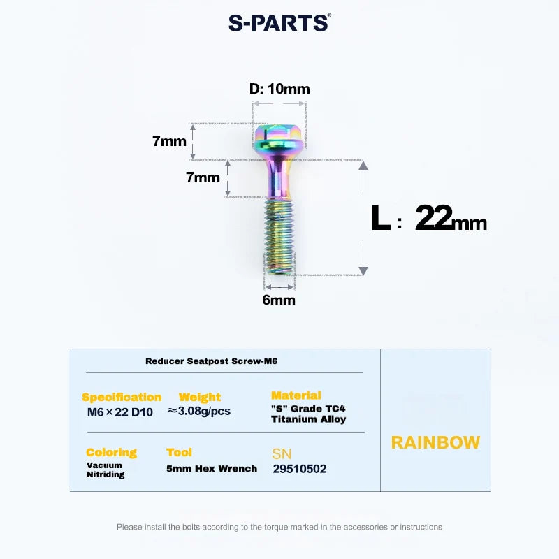 S-PARTS M6 Titanium Seatpost Step-Down Bolt & Nut Kit — 22 / 30 / 35 / 40mm — Rainbow / 22mm