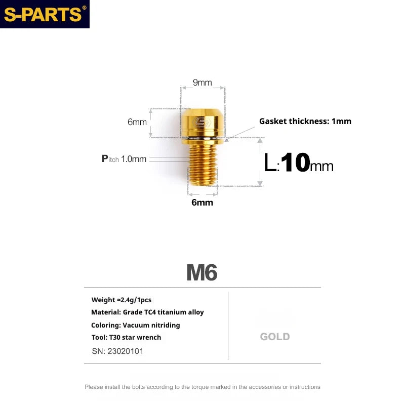 S-PARTS A2 M6 TC4 Titanium Bolts — 10–55mm — Multiple Colors — L10mm / Gold