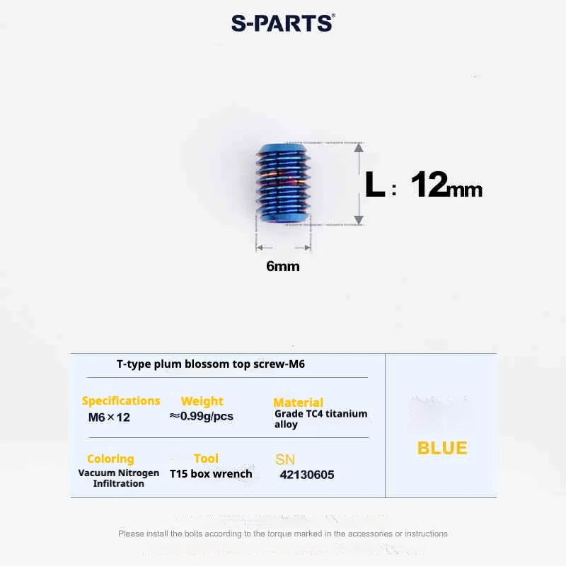 S-PARTS T15 M6 Flat-Bottom Titanium Set Screws — L8/L10/L12/L16 — L12mm / Blue