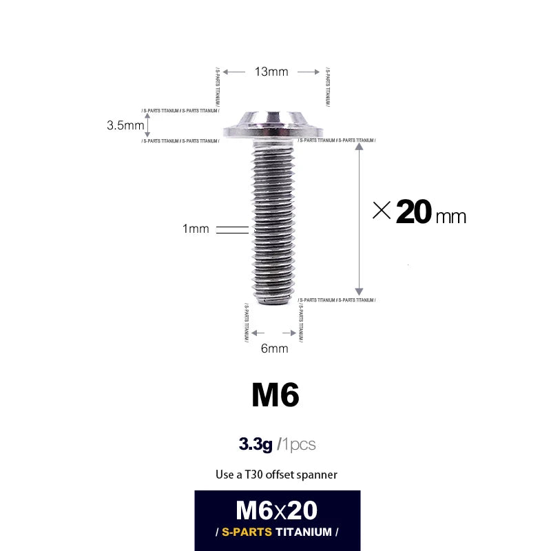 S-PARTS A3 D13 M6 Umbrella Head Titanium Bolts — 8–45mm — D13 M6×20mm