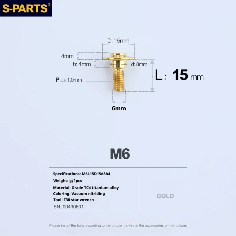 S-PARTS A3 M6 Umbrella Head Step Bolts — Gold — 36 Specifications — L15 D15 step screws D8 H4